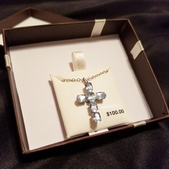 Genuine blue topaz cross necklace 925 SS - Picture 2 of 6